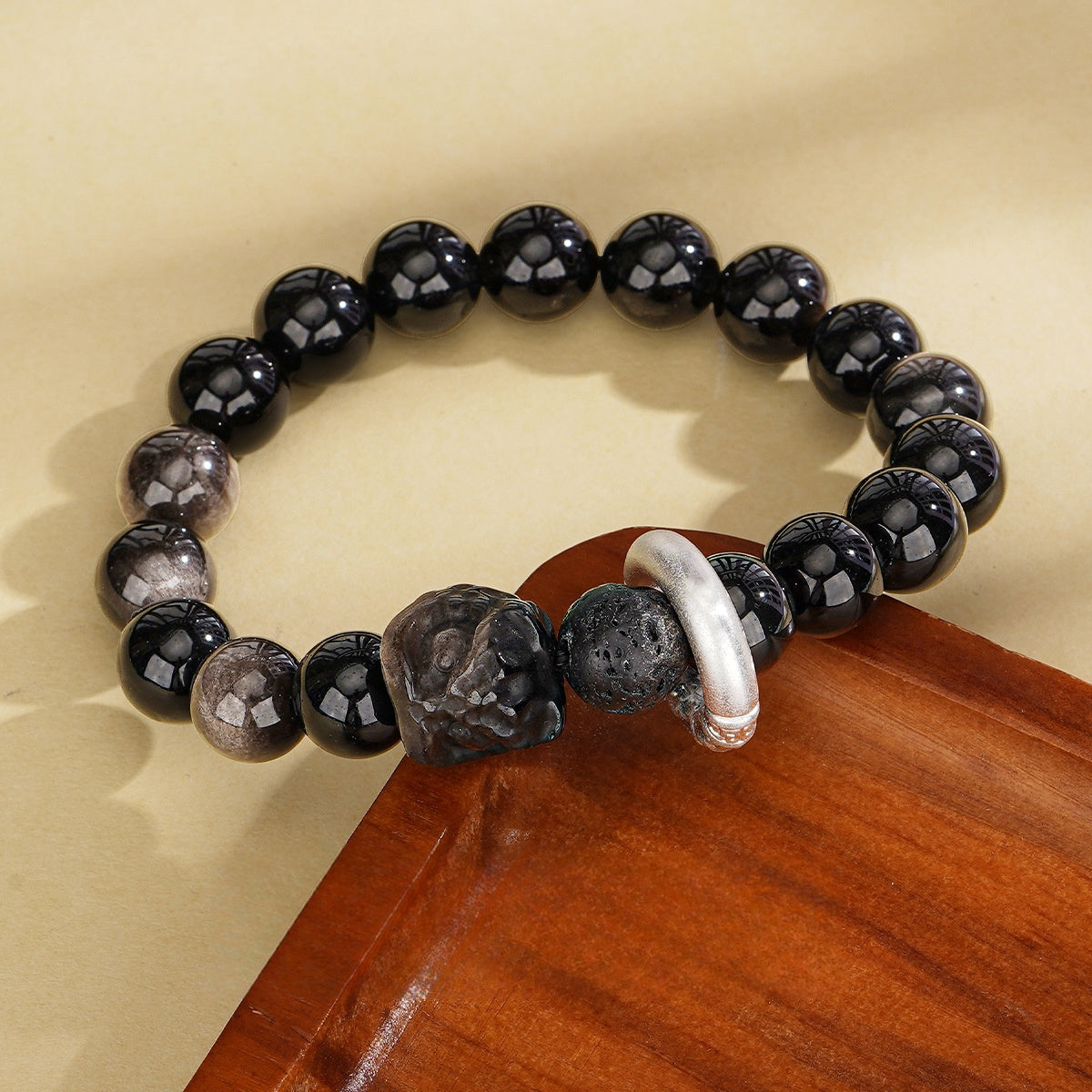 999 Pure Silver Bracelet, Natural Obsidian Retro Lion Dance Safety Buckle