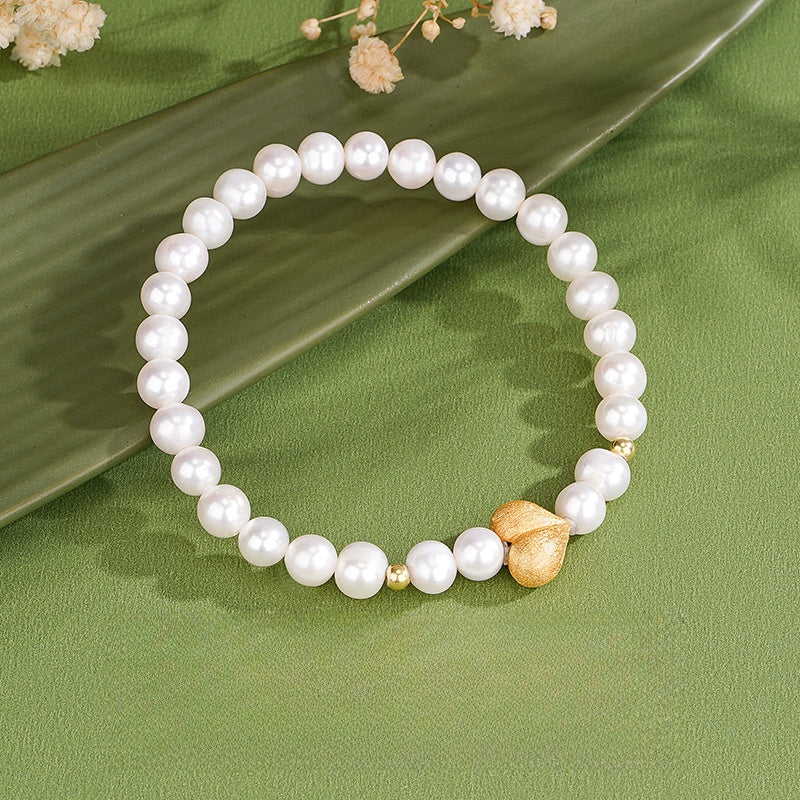 S925 Sterling Silver Natural Freshwater Pearl Peach Heart Bracelet