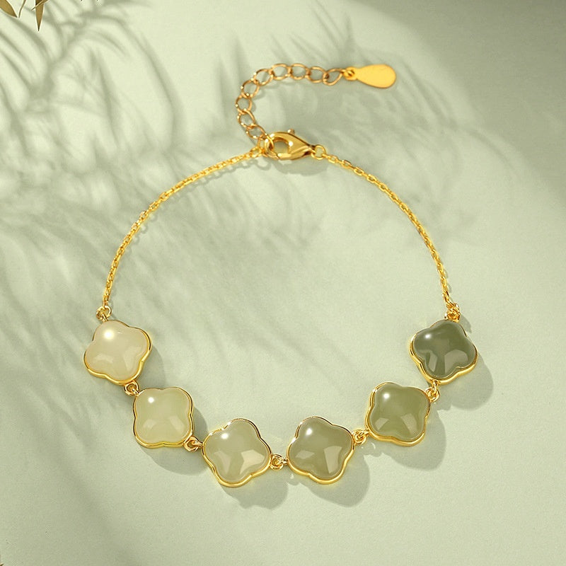 S925 Sterling Silver Women Bracelet | Gradient Hetian Jade Four‑Leaf Clover