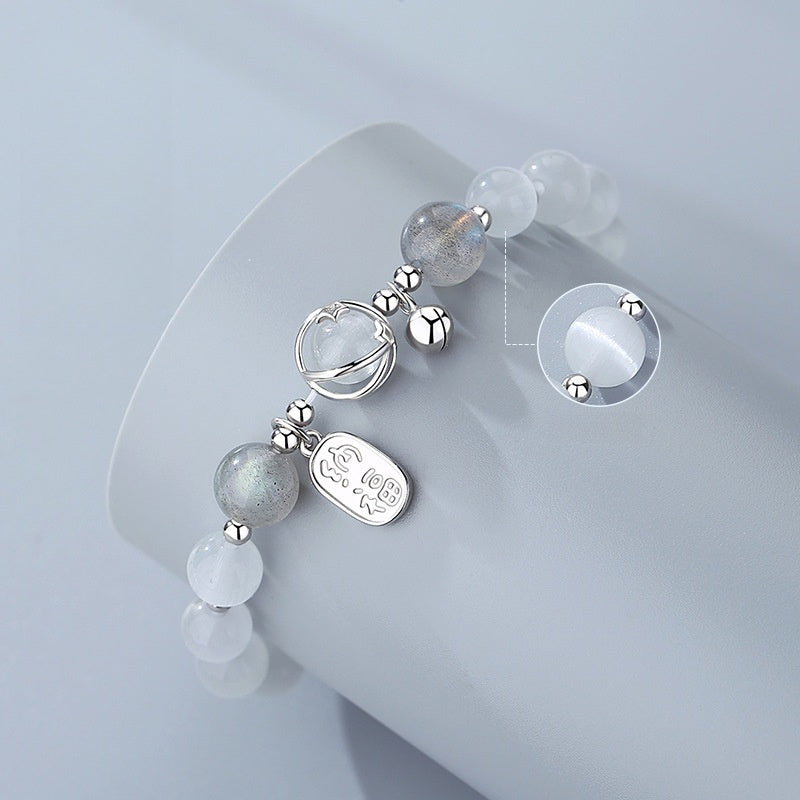 S925 Sterling Silver Bracelet, Fu‑Charm Cat's‑Eye Stone with Bell Beads