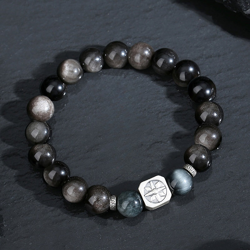 999 Pure Silver Octagram Obsidian Neo‑Chinese Cool Style Bracelet for Men,