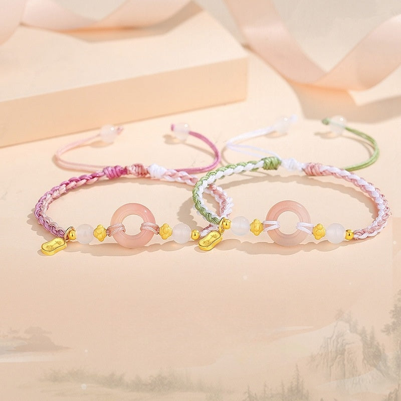 S925 Sterling Silver Peach‑Blossom Agate Safety Buckle Braided Rope Bracelet, Best Friend Jewelry