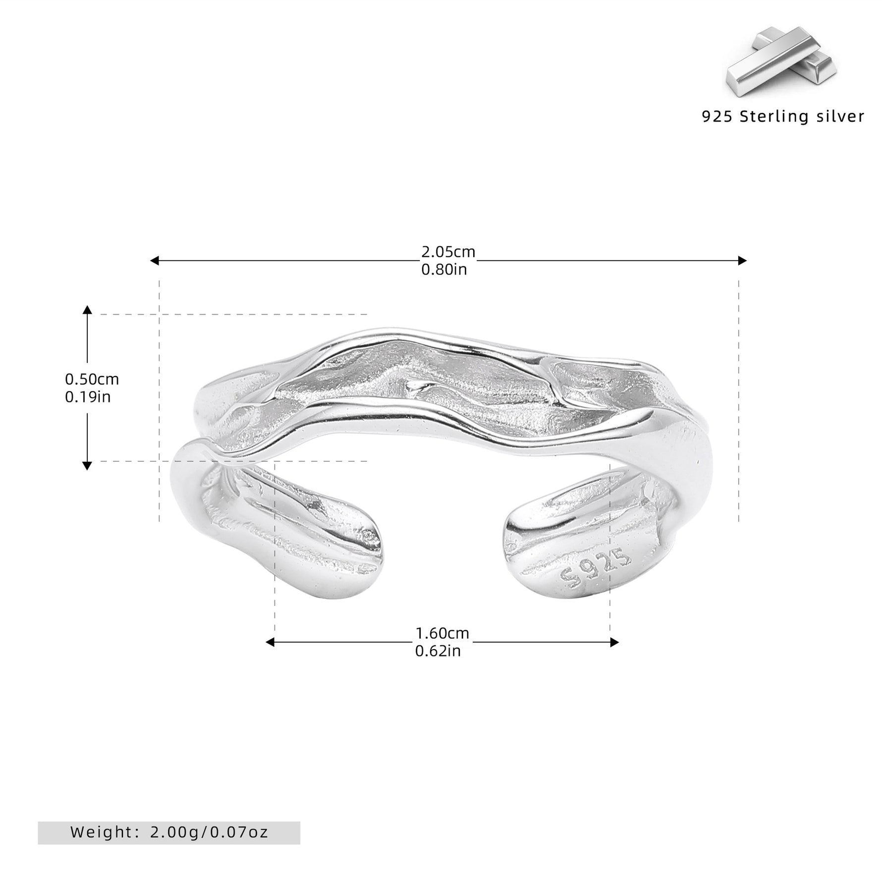 S925 Sterling Silver Luxury Niche Ring with Unique Texture and Irregular Opening