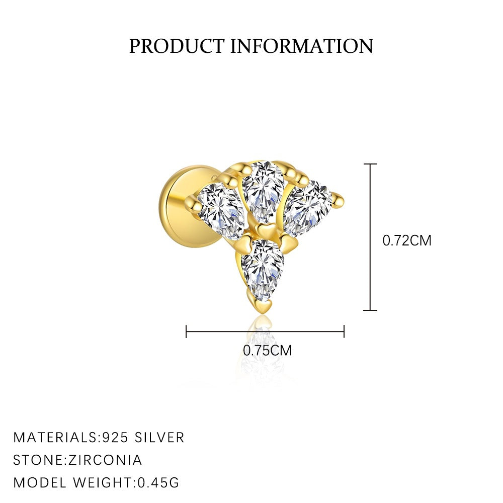 S925 Sterling Silver Teardrop-Shaped Stud Earrings with Zirconia(Single unit)