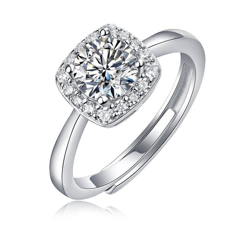 S925 Silver Small Square Adjustable Open Ring with Moissanite Halo Setting