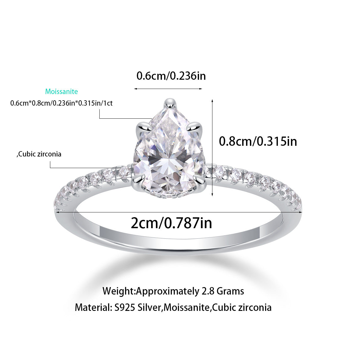 S925 Sterling Silver Moissanite Ring with Elaborate Setting