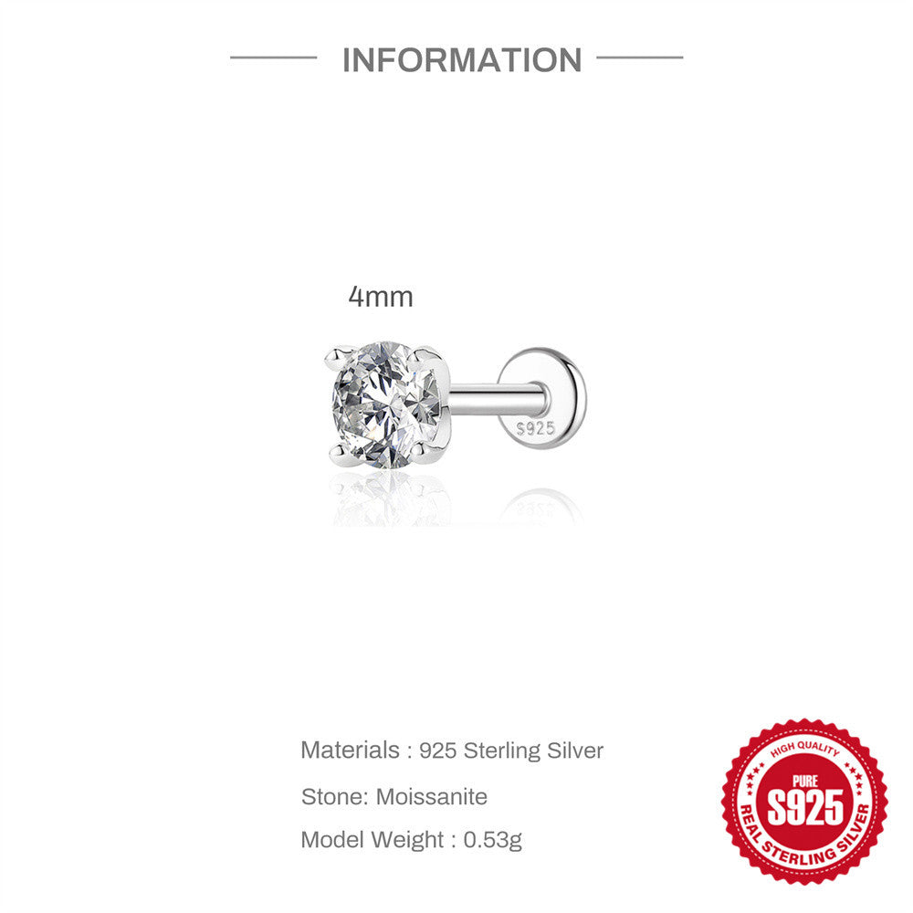 S925 Sterling Silver 4-Prong Flat-Back Moissanite Stud Earring(Single unit)