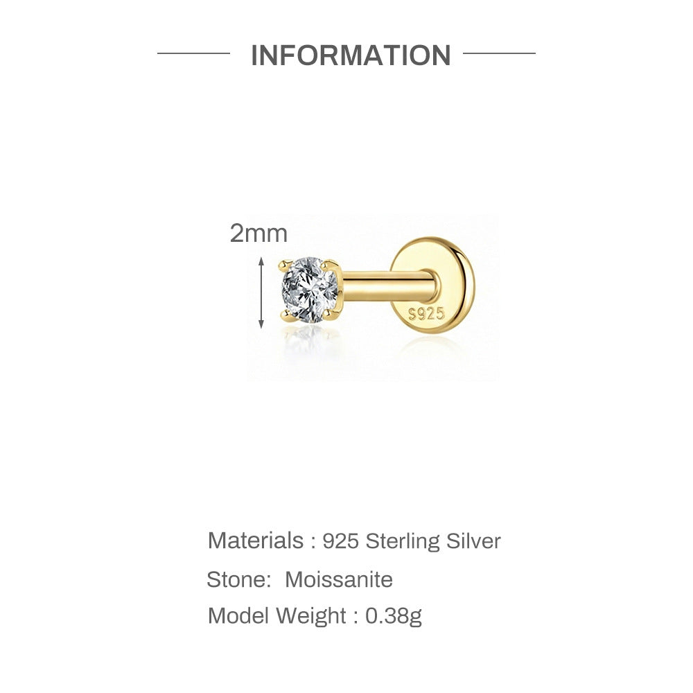 S925 Sterling Silver 4-Prong Flat-Back Moissanite Stud Earring(Single unit)