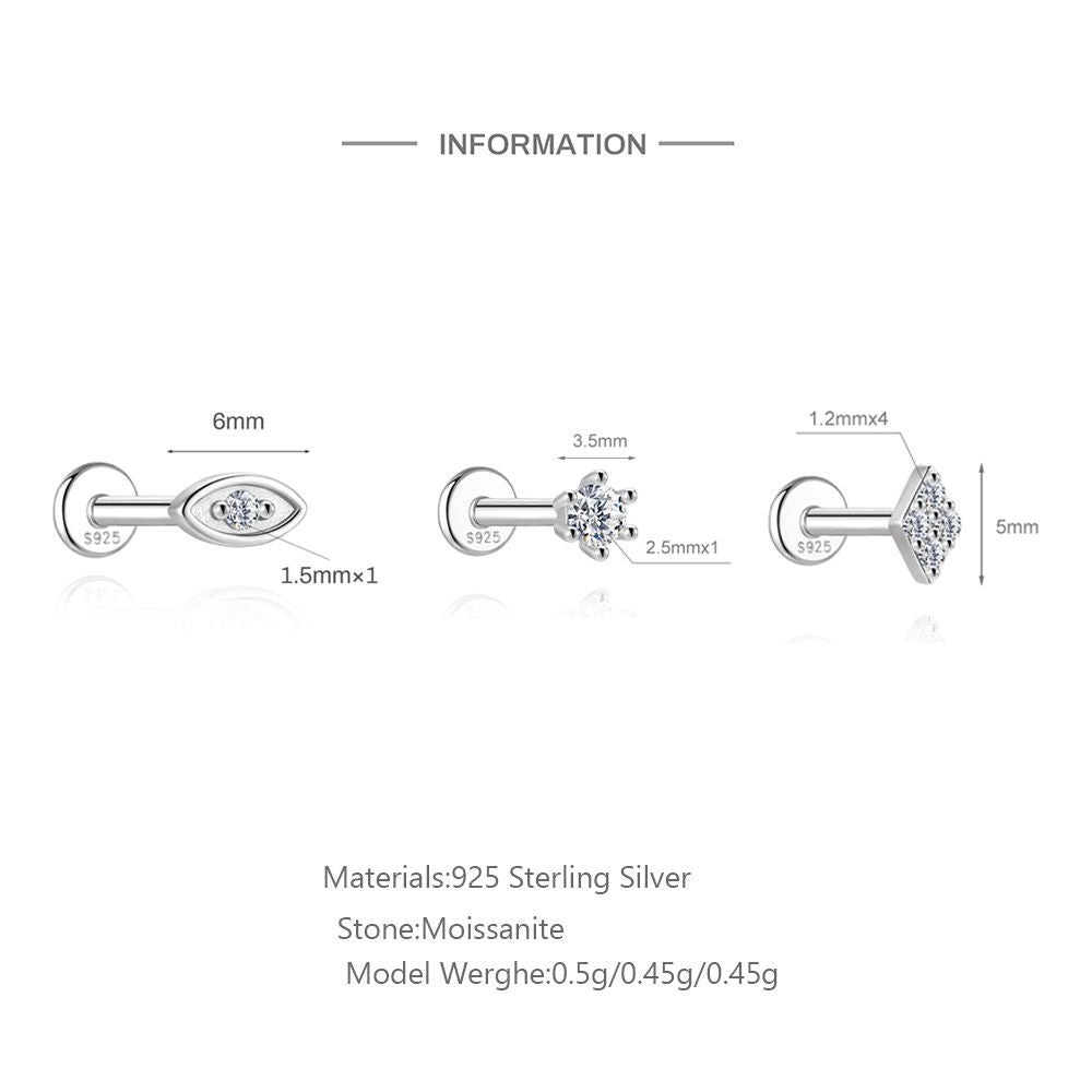 S925 Sterling Silver Moissanite Cartilage Stud Earring with Threaded Post(Single unit)