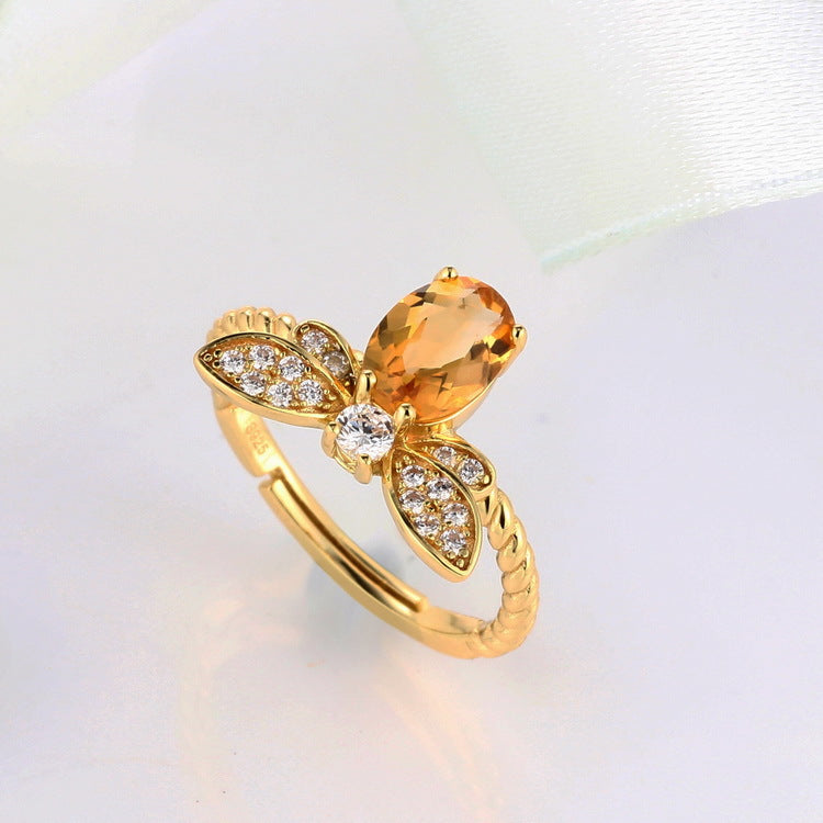 S925 Sterling Silver Gold-Plated Citrine Bee Ring