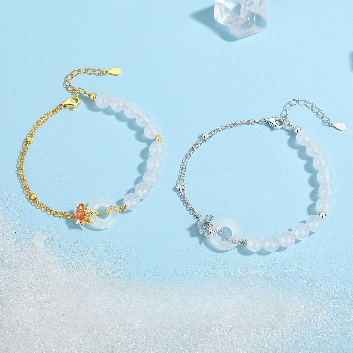 S925 Silver White Chalcedony Bracelet, Icy‑Crushed Ginkgo Leaf Safety Buckle