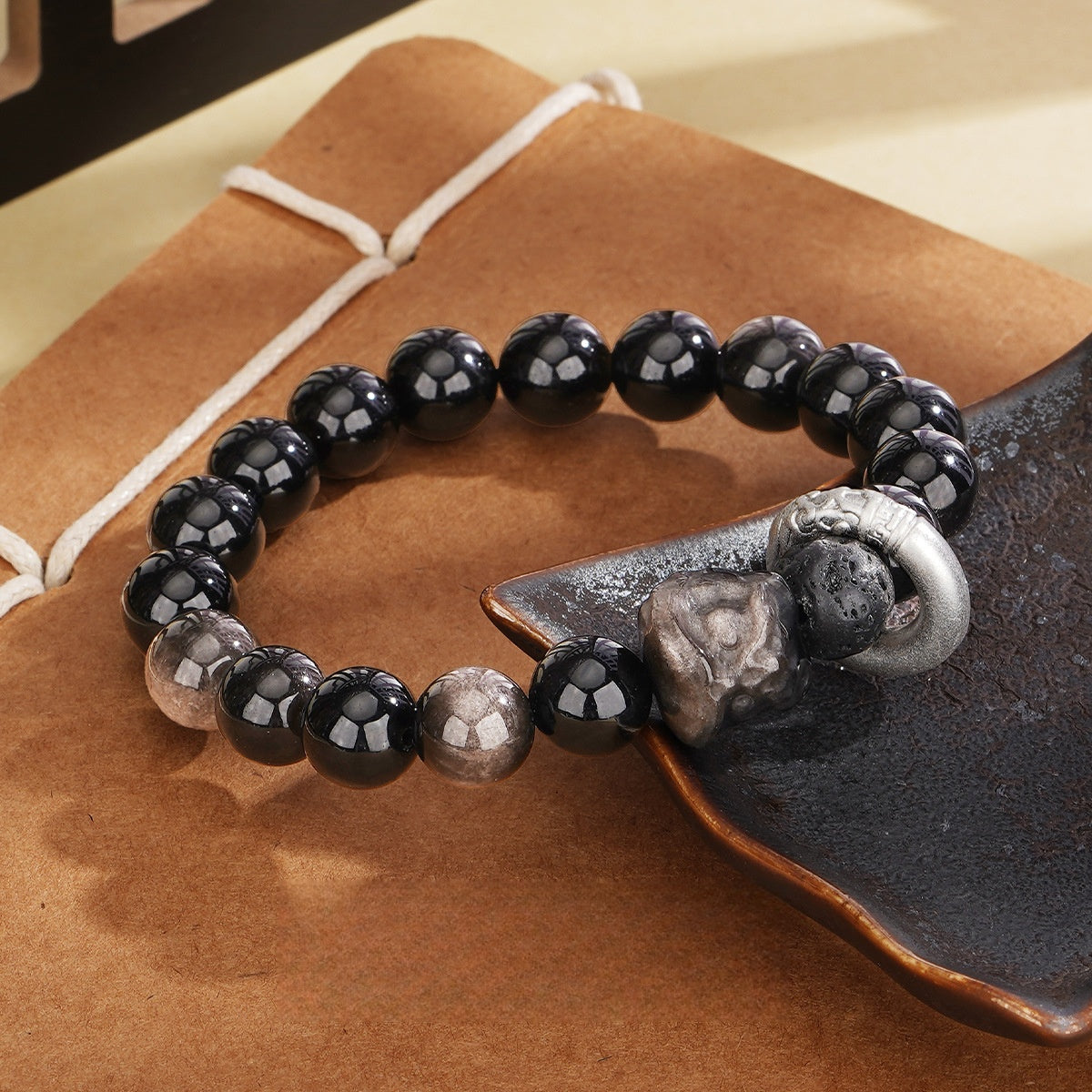 999 Pure Silver Bracelet, Natural Obsidian Retro Lion Dance Safety Buckle