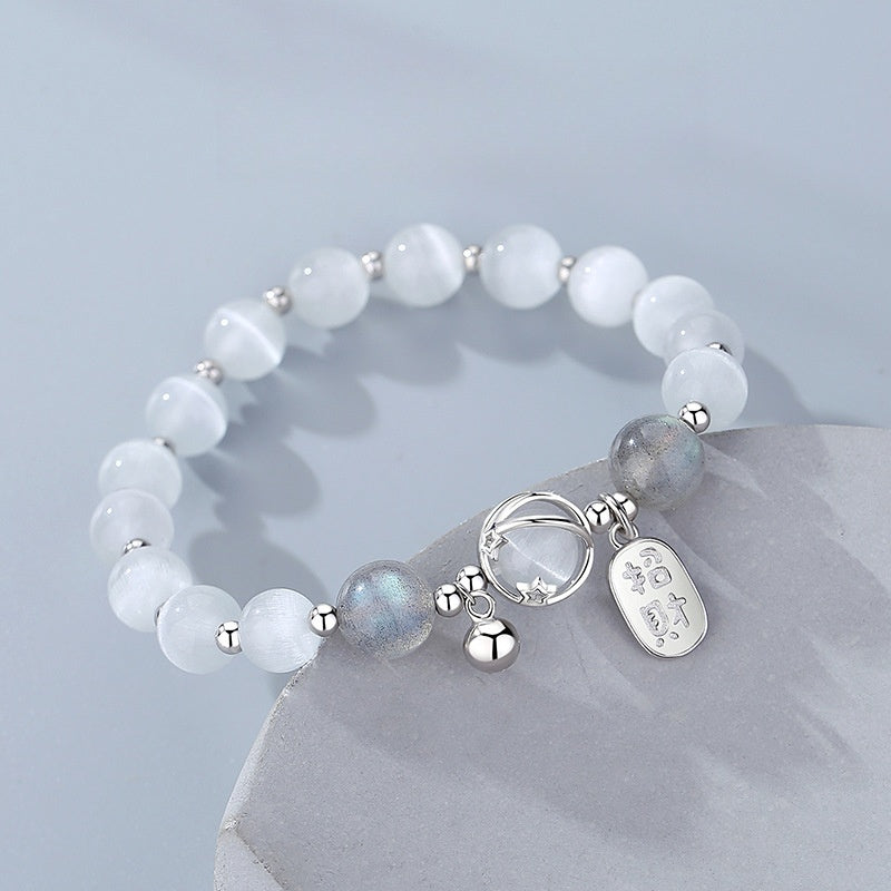 S925 Sterling Silver Bracelet, Fu‑Charm Cat's‑Eye Stone with Bell Beads
