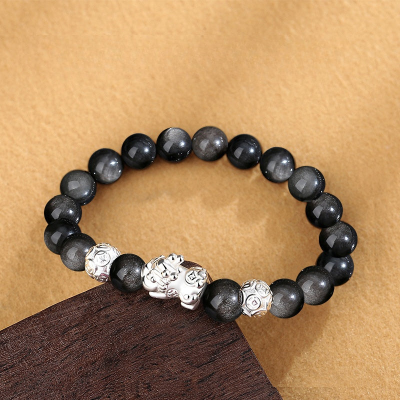 999 Fine Silver Pixiu Cool‑Style Obsidian Bracelet for Men