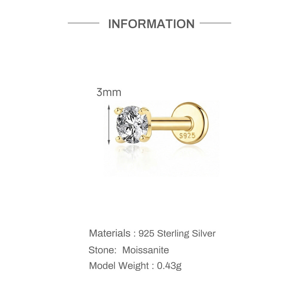 S925 Sterling Silver 4-Prong Flat-Back Moissanite Stud Earring(Single unit)