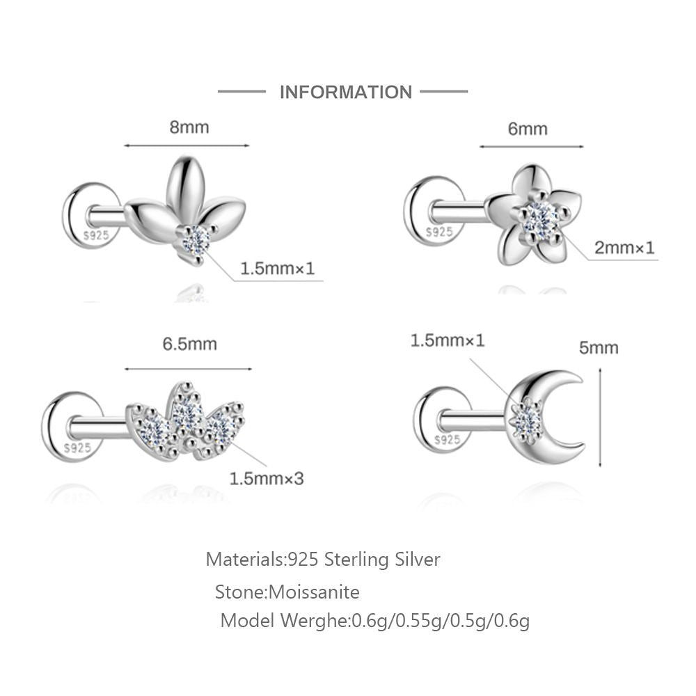 S925 Sterling Silver Moissanite Cartilage Stud Earring with Threaded Post(Single unit)