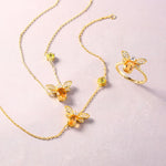 S925 Sterling Silver Bee Necklace Plated with 10K Iridescent Gold Crystal Peridot