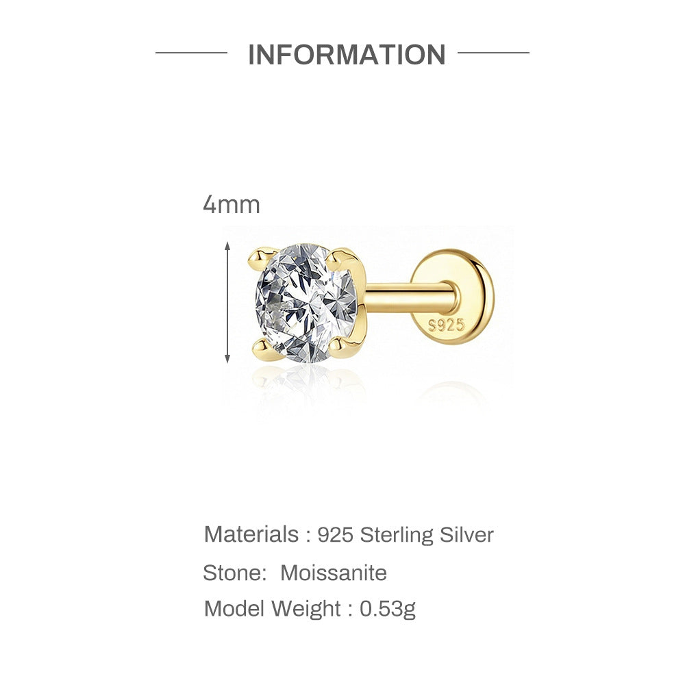 S925 Sterling Silver 4-Prong Flat-Back Moissanite Stud Earring(Single unit)