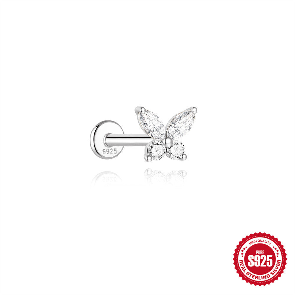 S925 Sterling Silver Spiral Cartilage Stud with Butterfly and Moissanite(Single unit)