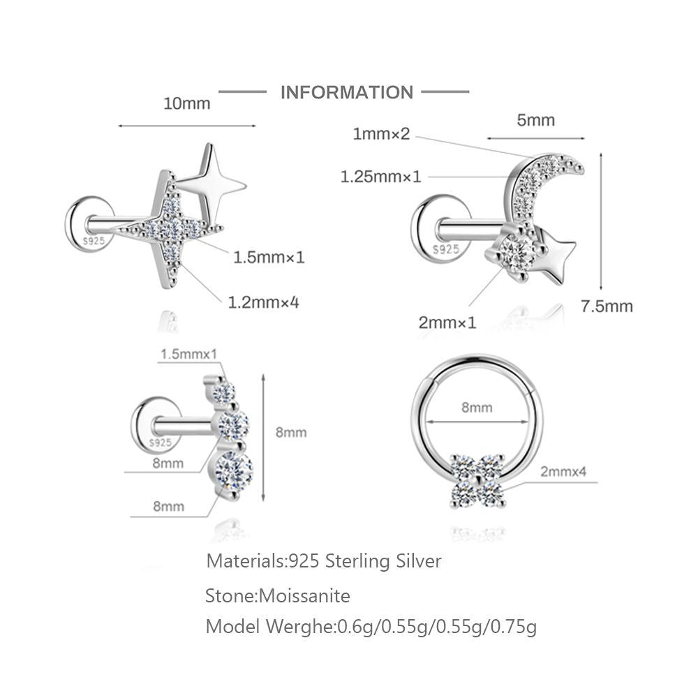 S925 Sterling Silver Moissanite Cartilage Stud Earring with Threaded Post(Single unit)