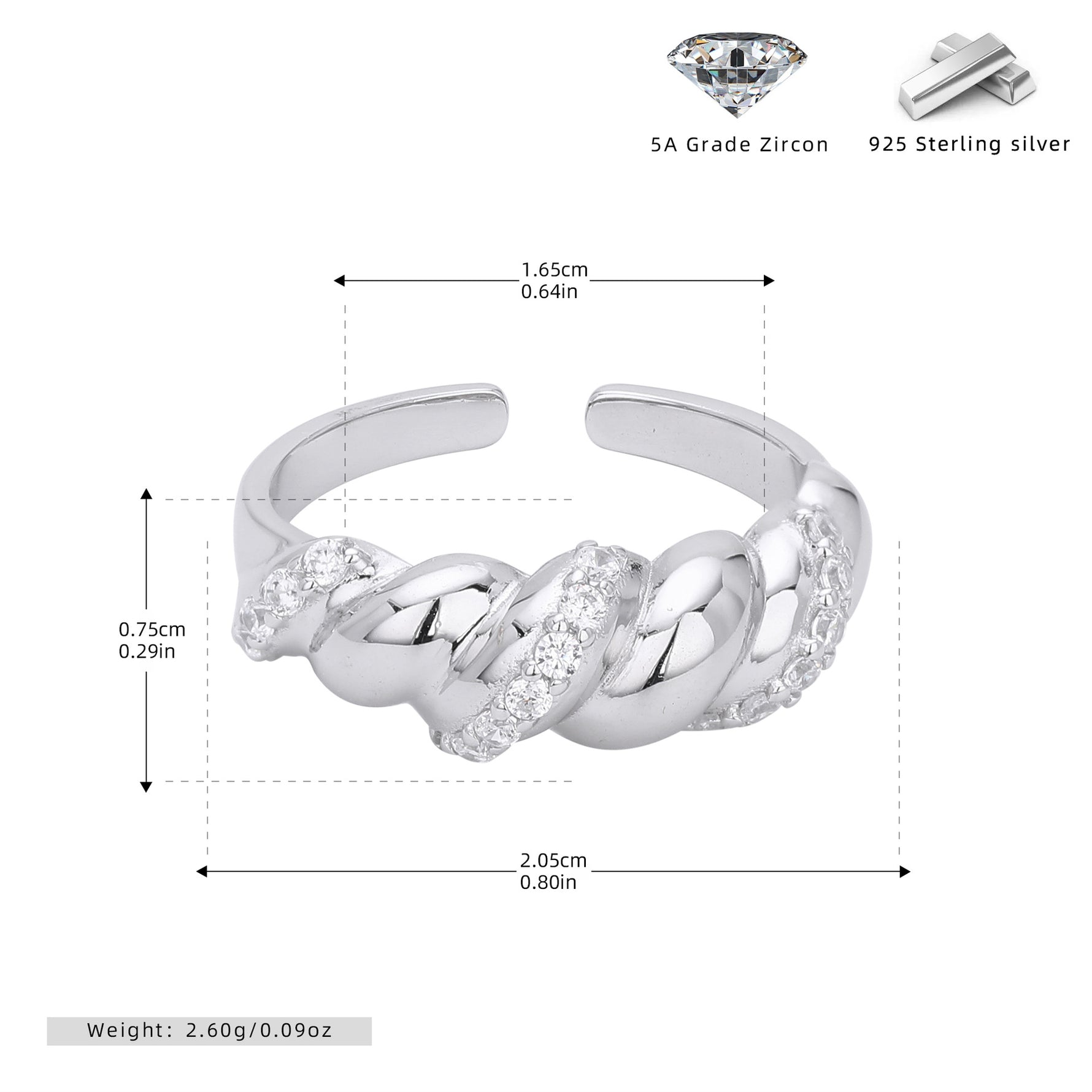 S925 Sterling Silver Ring with Zirconia Inlay, Croissant Braid Pattern