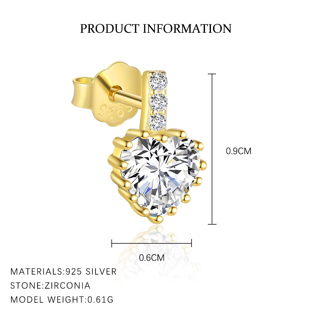 S925 Sterling Silver Heart-Shaped Stud Earrings with Zirconia