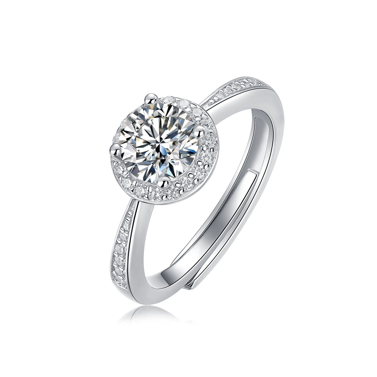 S925 Silver Small Square Adjustable Open Ring with Moissanite Halo Setting