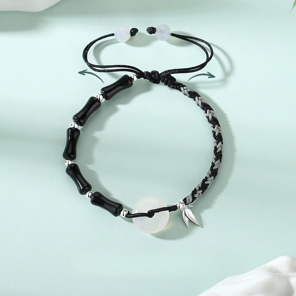 S925 Sterling Silver Braided Couple Bracelet, White Chalcedony Safety Buckle with Obsidian Bamboo‑Joint