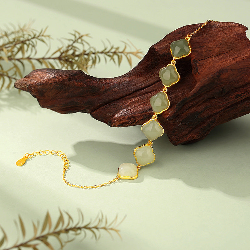 S925 Sterling Silver Women Bracelet | Gradient Hetian Jade Four‑Leaf Clover