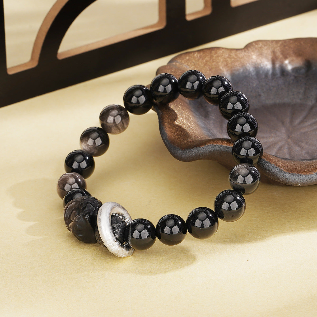 999 Pure Silver Bracelet, Natural Obsidian Retro Lion Dance Safety Buckle
