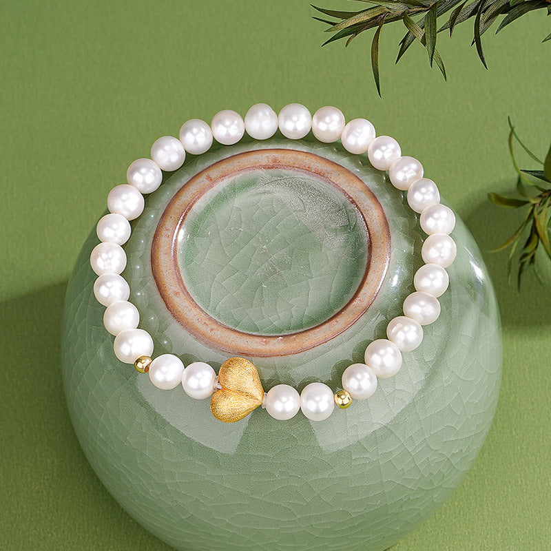 S925 Sterling Silver Natural Freshwater Pearl Peach Heart Bracelet