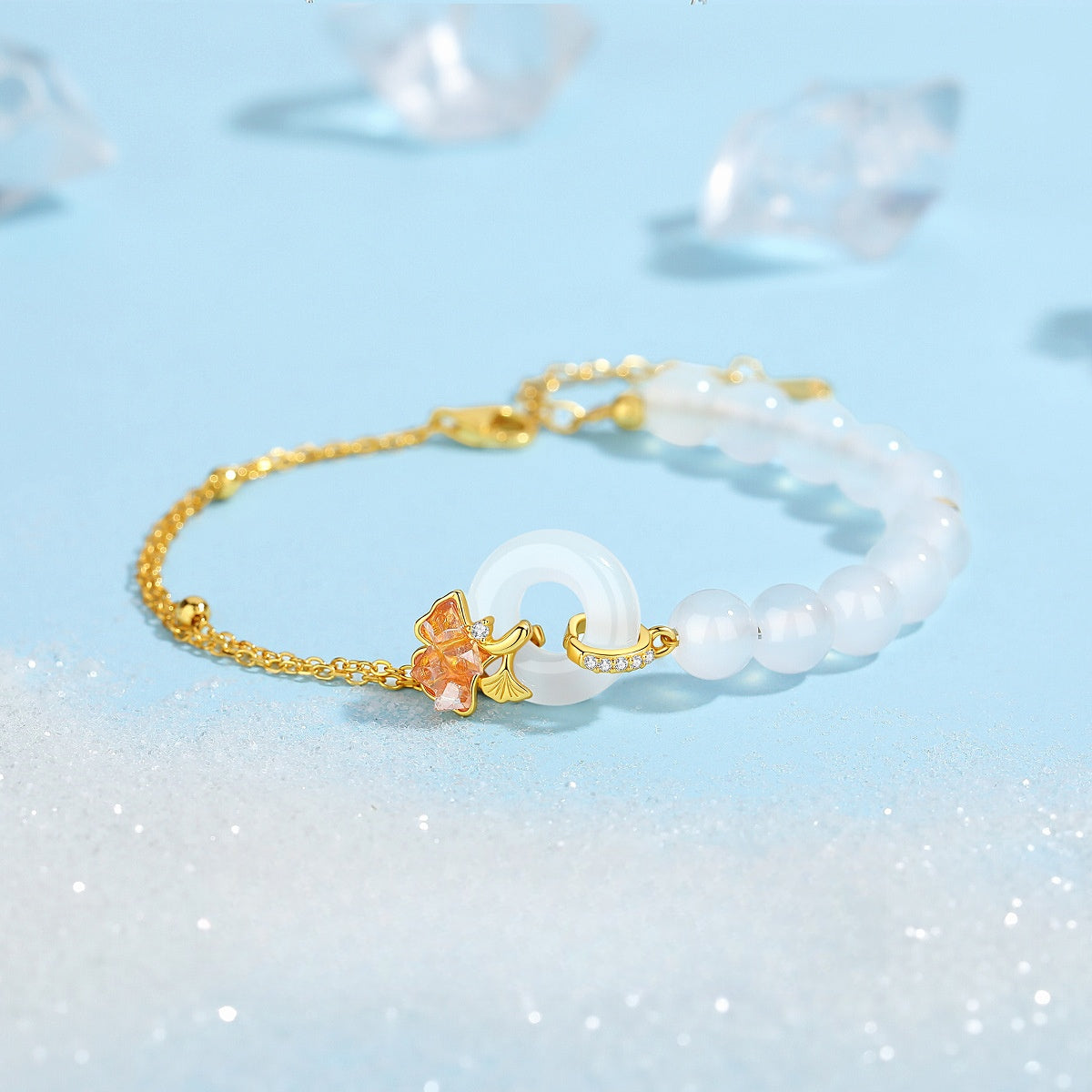 S925 Silver White Chalcedony Bracelet, Icy‑Crushed Ginkgo Leaf Safety Buckle