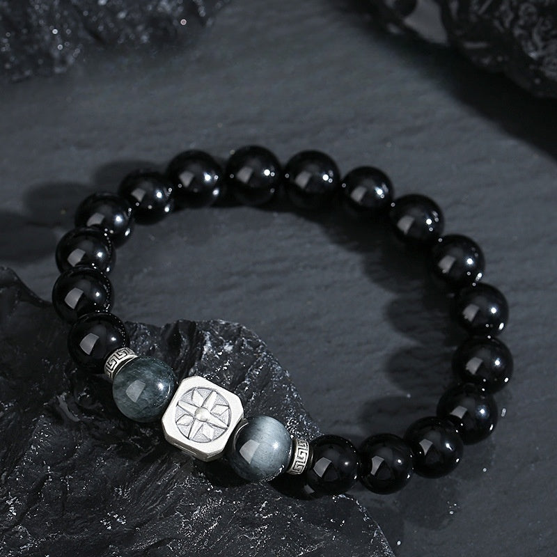 999 Pure Silver Octagram Obsidian Neo‑Chinese Cool Style Bracelet for Men,