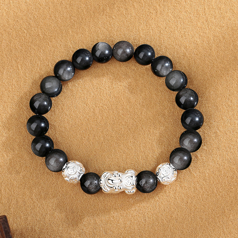 999 Fine Silver Pixiu Cool‑Style Obsidian Bracelet for Men