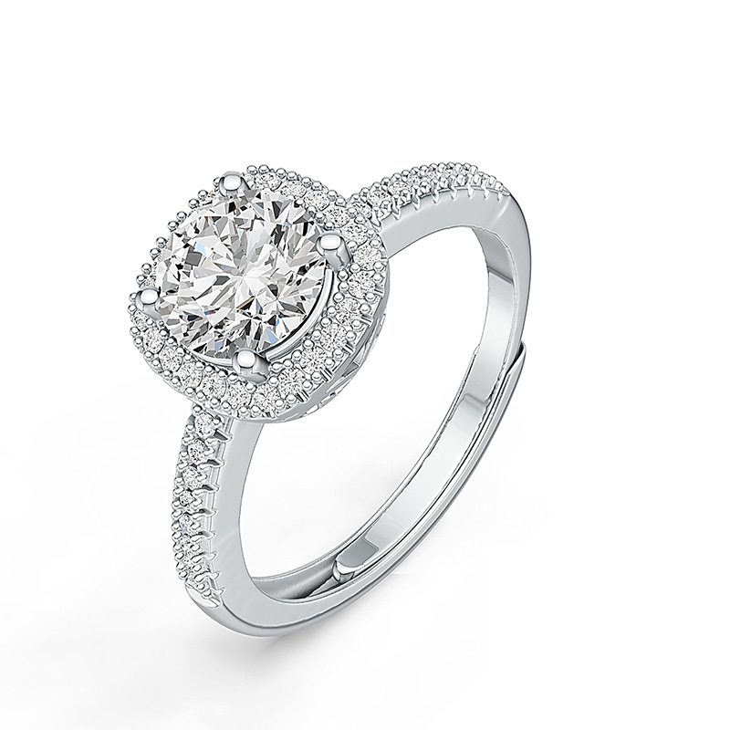 S925 Silver Small Square Adjustable Open Ring with Moissanite Halo Setting