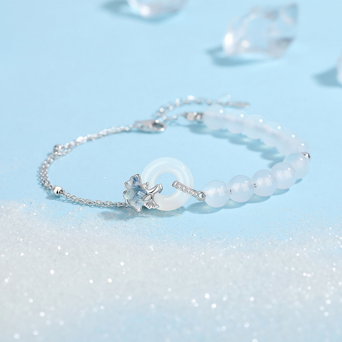 S925 Silver White Chalcedony Bracelet, Icy‑Crushed Ginkgo Leaf Safety Buckle