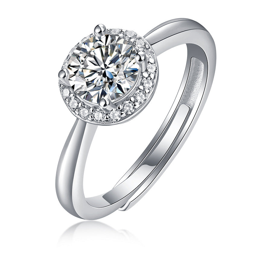 S925 Silver Small Square Adjustable Open Ring with Moissanite Halo Setting