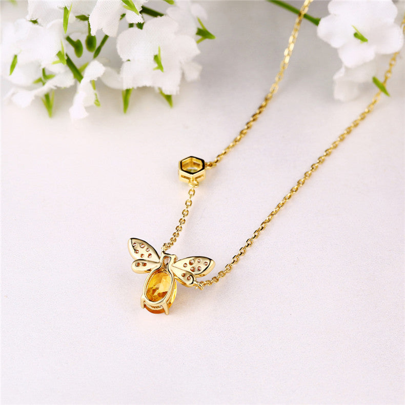 S925 Sterling Silver Bee Necklace Plated with 10K Iridescent Gold Crystal Peridot