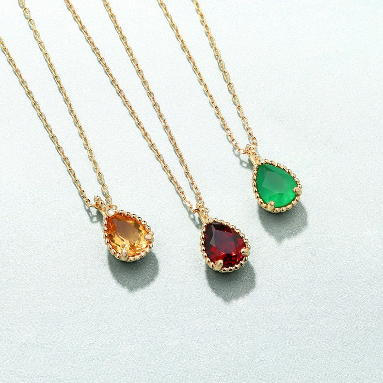S925 Sterling Silver Garnet Pendant Clavicle Chain Necklace