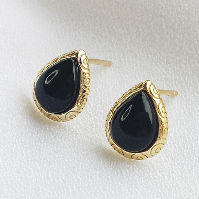 S925 Sterling Silver Micro-set Black Agate Stud Earrings