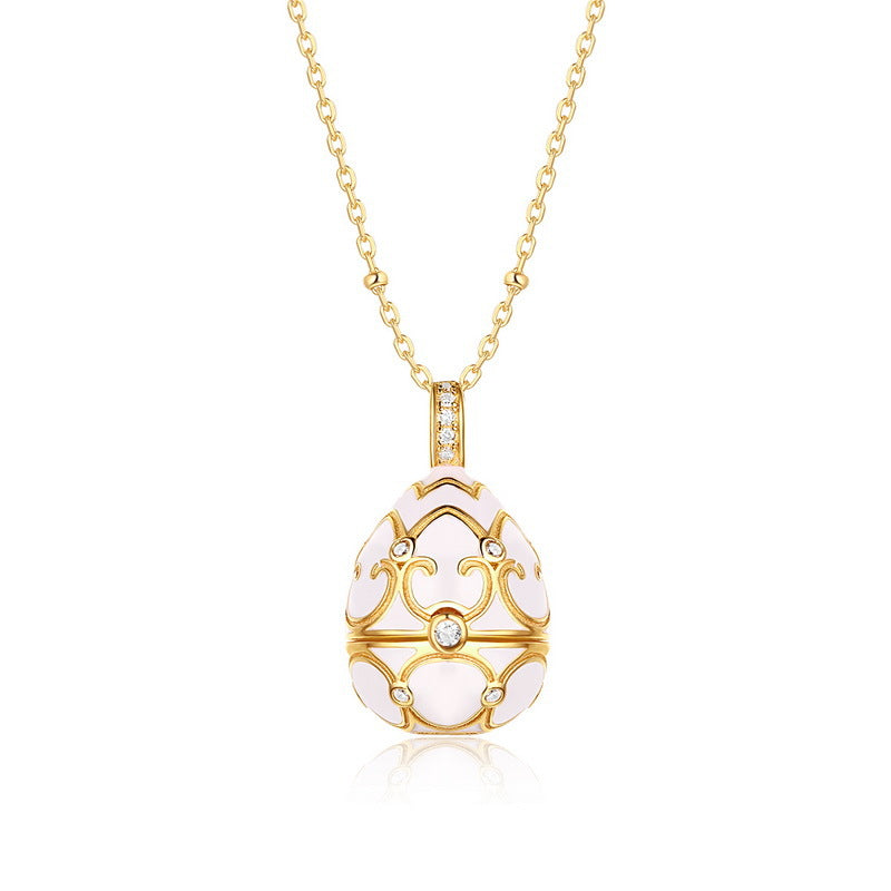 S925 Sterling Silver Plated 9K Gold Dripping Pattern White Zirconium Egg Necklace