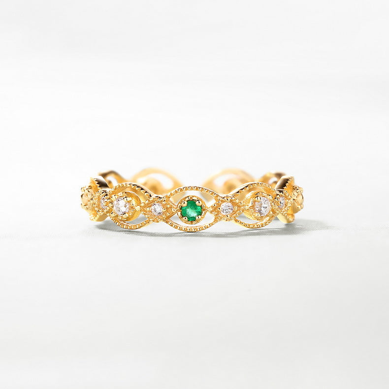 S925 Sterling Silver Gold-Plated Hollow Emerald White Zircon Ring