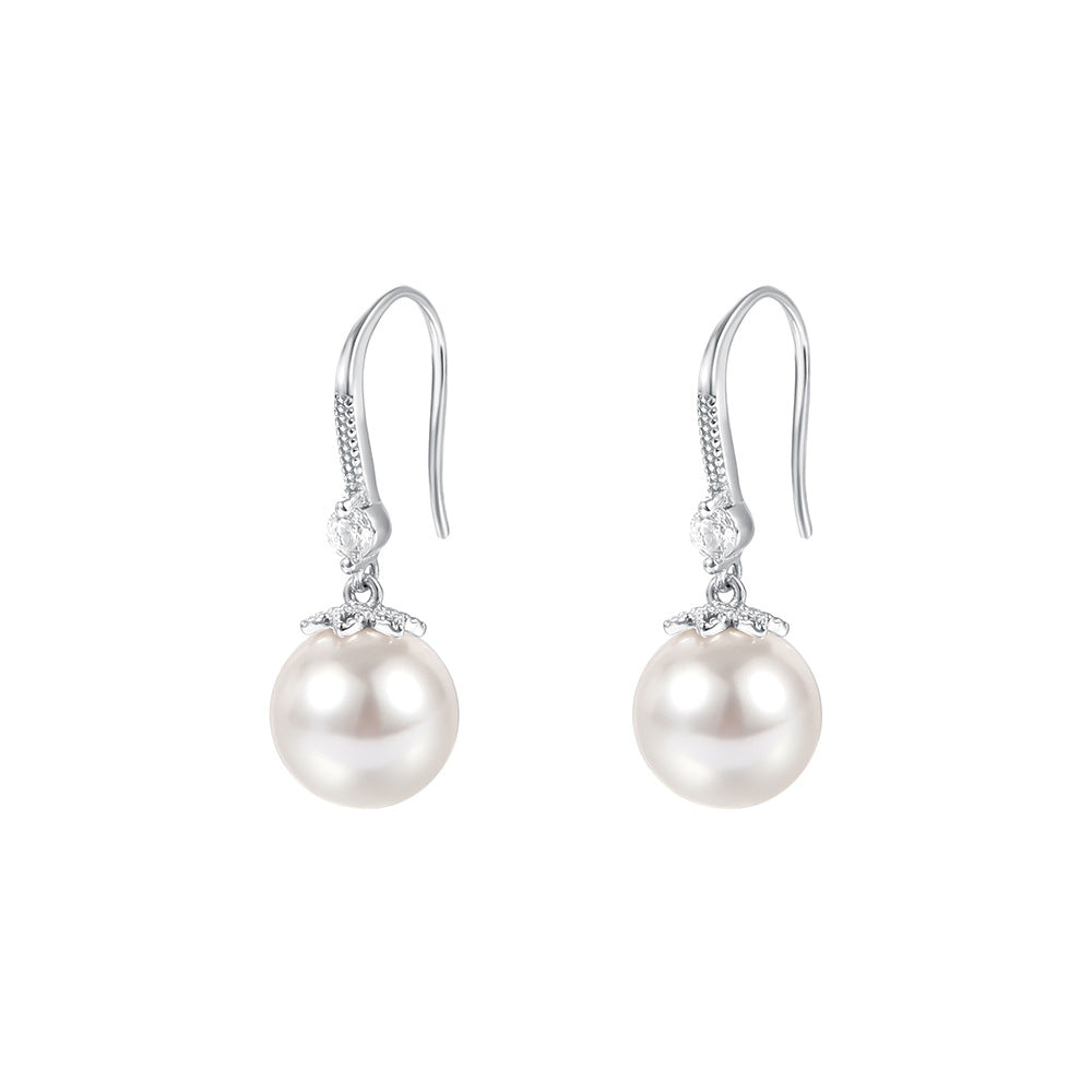 S999 Pure Silver Pearl Drop Earrings with Zirconia