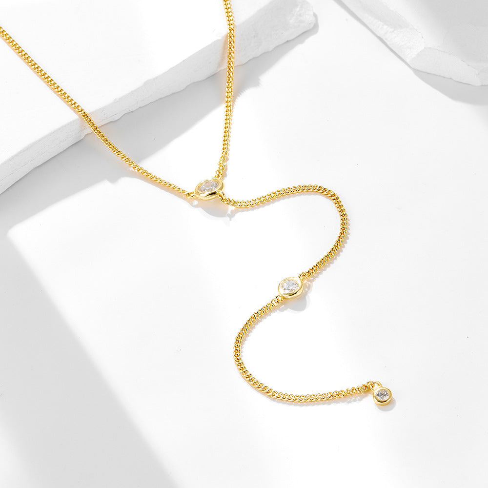 S925 Sterling Silver Y-Shaped Zircon Inlaid Tassel Chain Necklace
