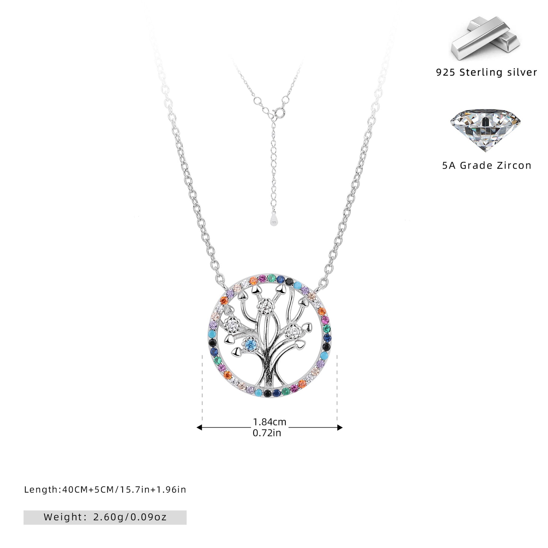 S925 Sterling Silver Colored Zircon Tree of Life Necklace