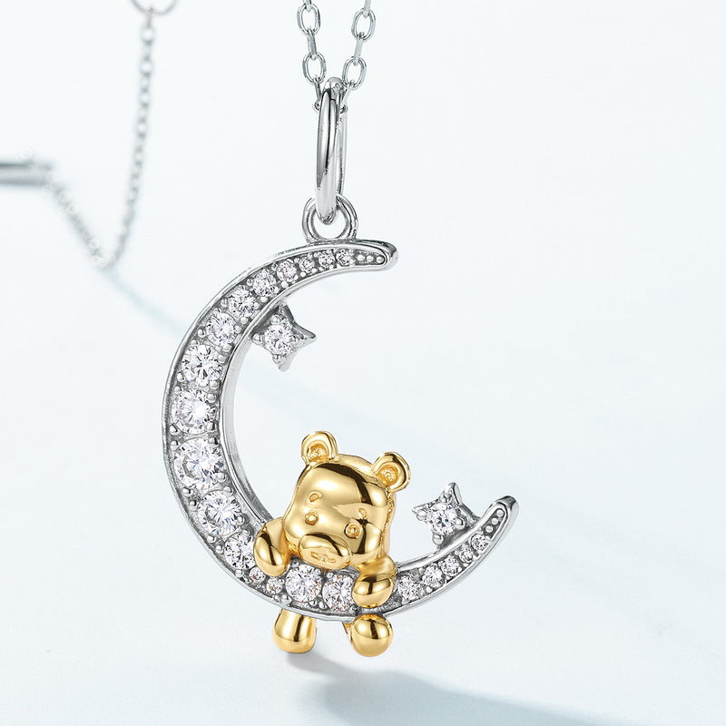 S925 Sterling Silver Cute Bear Zircon Inlaid Pendant Necklace
