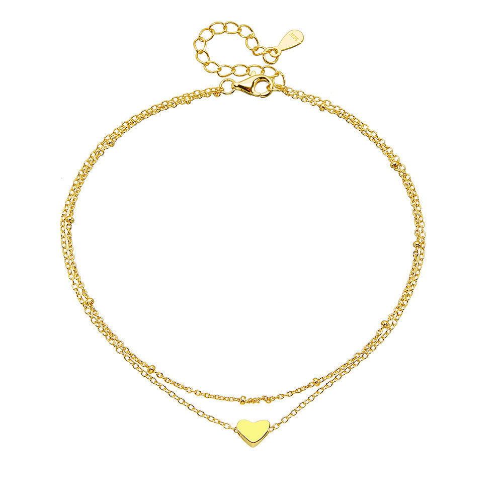 S925 Sterling Silver Double-Layer Chain Heart-Shaped Pendant Anklet