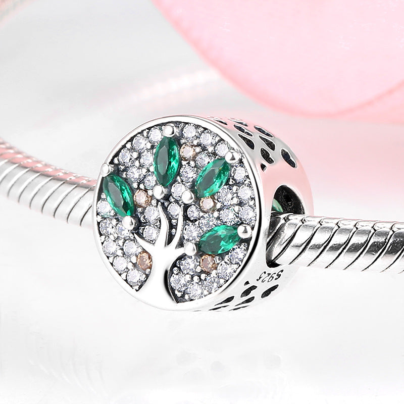 S925 Sterling Silver Hollow Tree of Life Green Zircon Bead Pendant