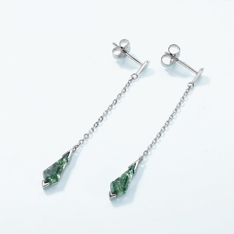 S925 Sterling Silver Geometric Green Moss Long Stud Earrings
