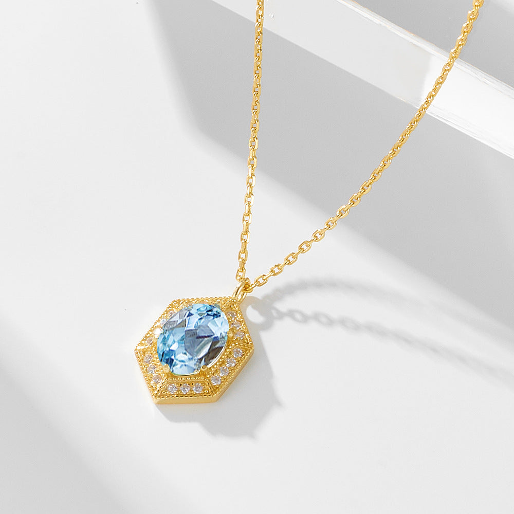 S925 Sterling Silver Simple Geometric Retro Natural Sky Blue Topaz Necklace